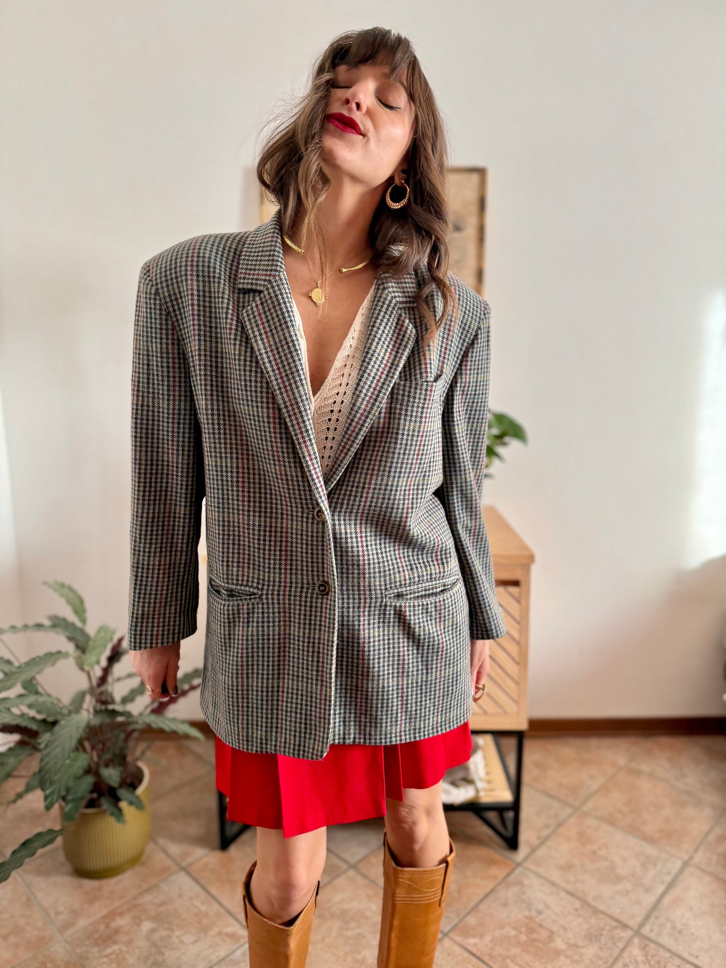 1970's vintage green, red and chocolate brown tweed wool and cashmere blend blazer