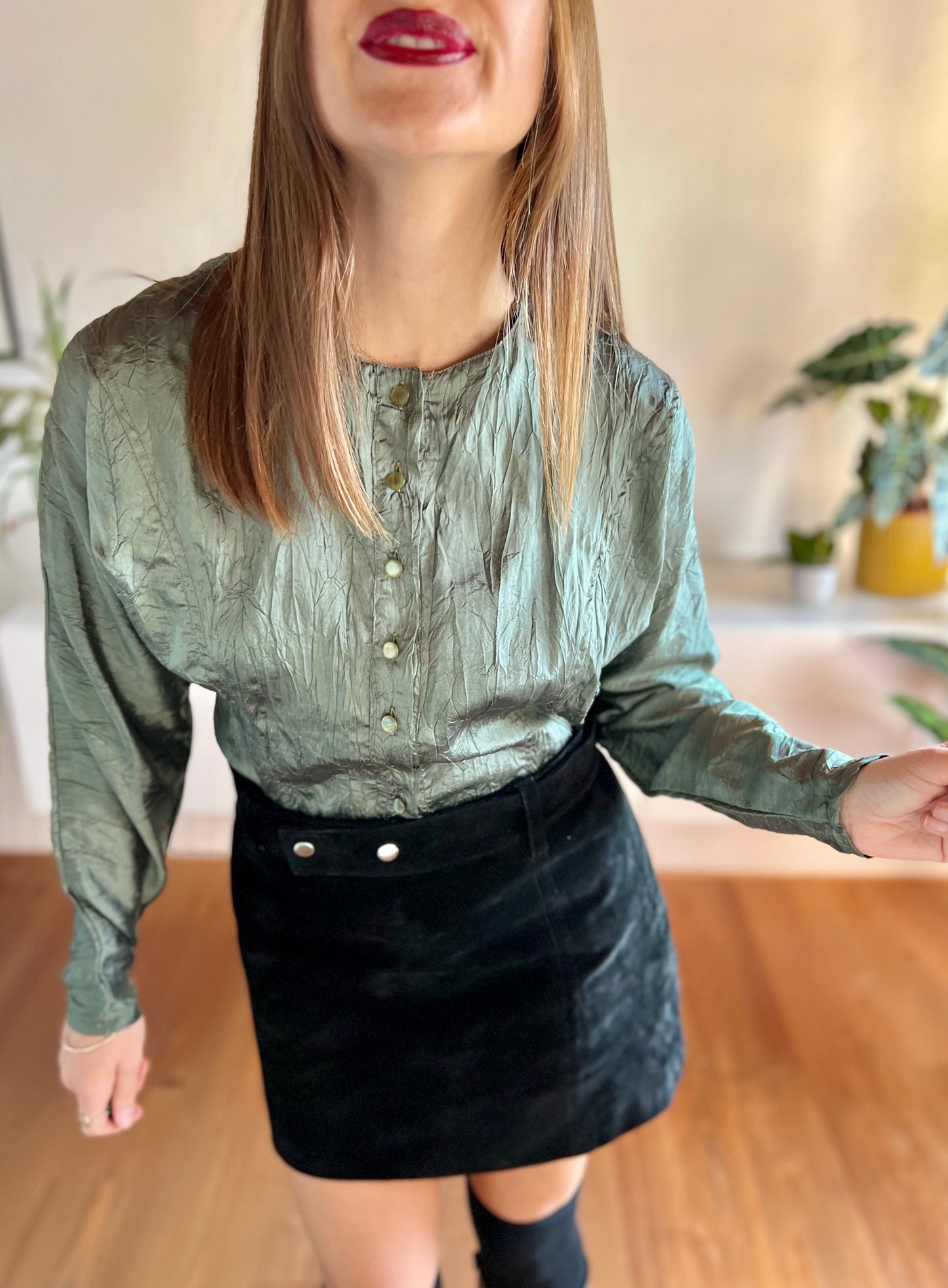 1980's vintage green wrinkle effect iridescent blouse