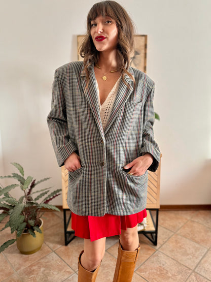 1970's vintage green, red and chocolate brown tweed wool and cashmere blend blazer