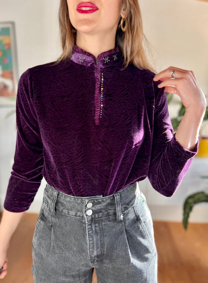 1990's vintage purple and black velvet animal print mock neck top