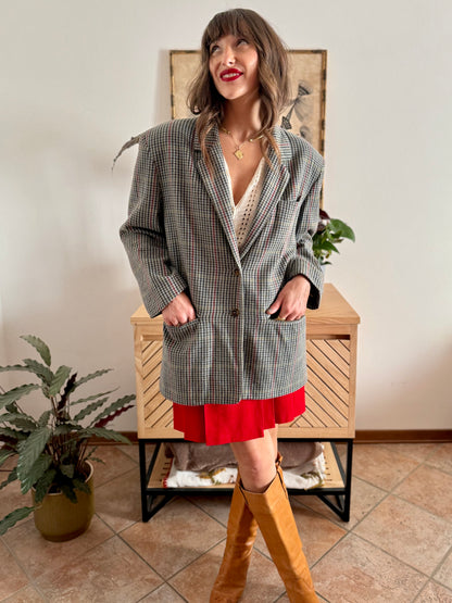 1970's vintage green, red and chocolate brown tweed wool and cashmere blend blazer