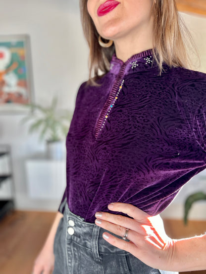 1990's vintage purple and black velvet animal print mock neck top