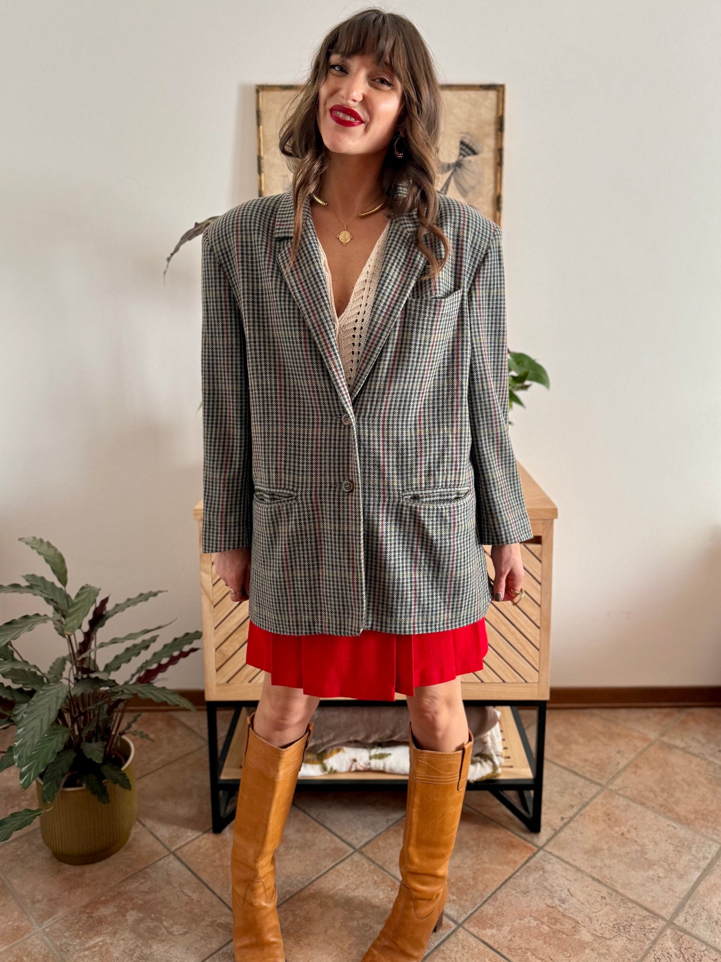 1970's vintage green, red and chocolate brown tweed wool and cashmere blend blazer