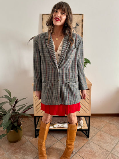 1970's vintage green, red and chocolate brown tweed wool and cashmere blend blazer