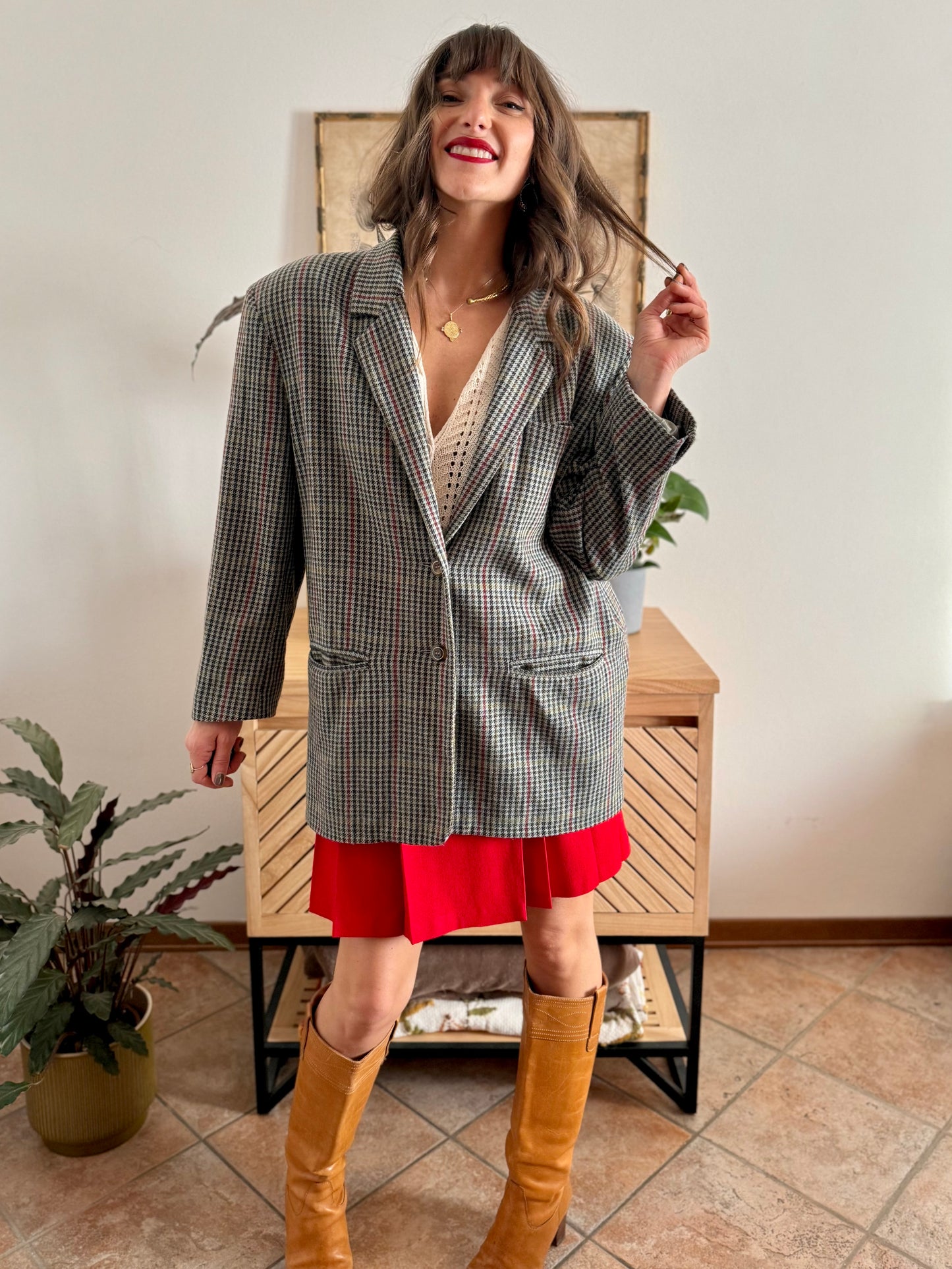 1970's vintage green, red and chocolate brown tweed wool and cashmere blend blazer