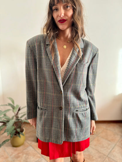 1970's vintage green, red and chocolate brown tweed wool and cashmere blend blazer