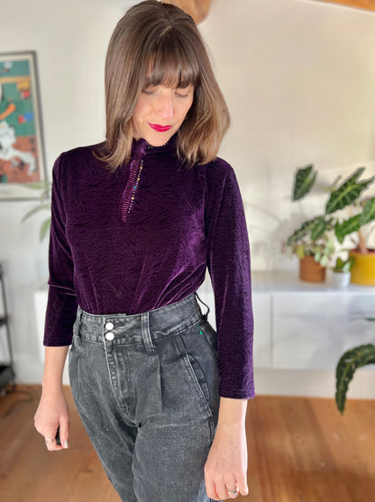 1990's vintage purple and black velvet animal print mock neck top