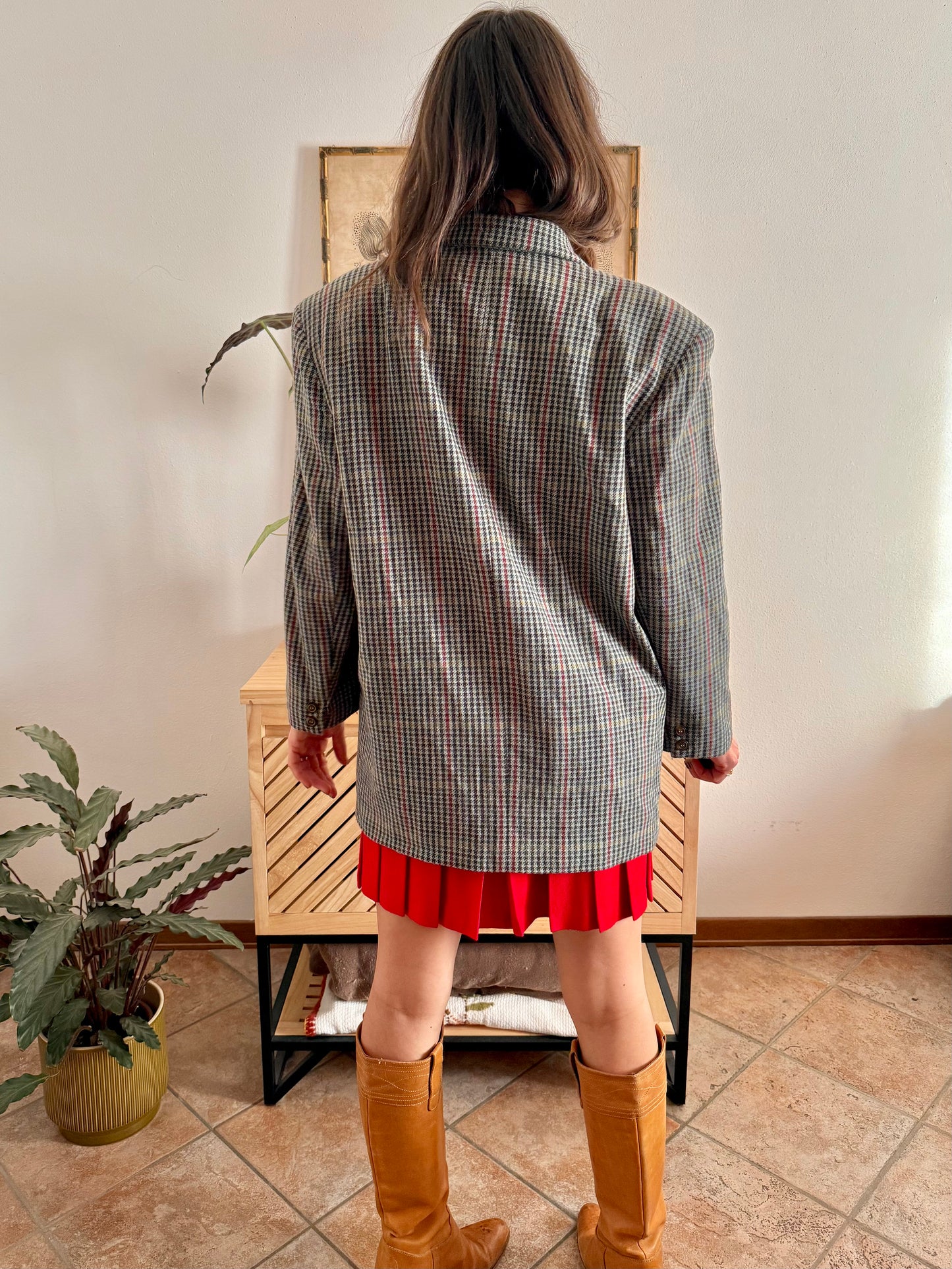 1970's vintage green, red and chocolate brown tweed wool and cashmere blend blazer