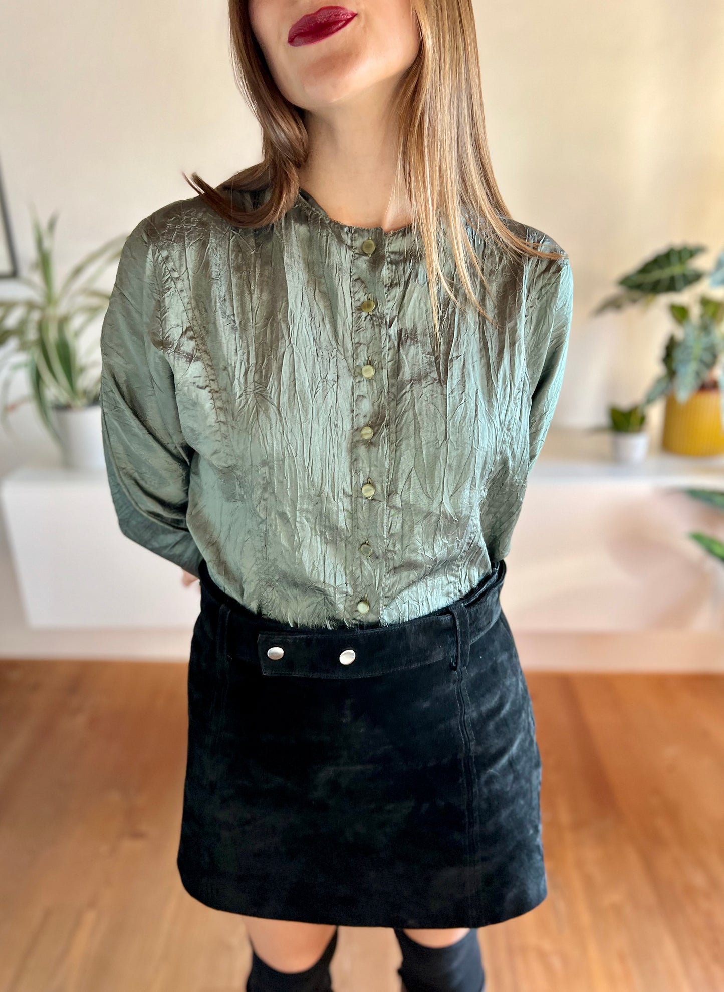 1980's vintage green wrinkle effect iridescent blouse