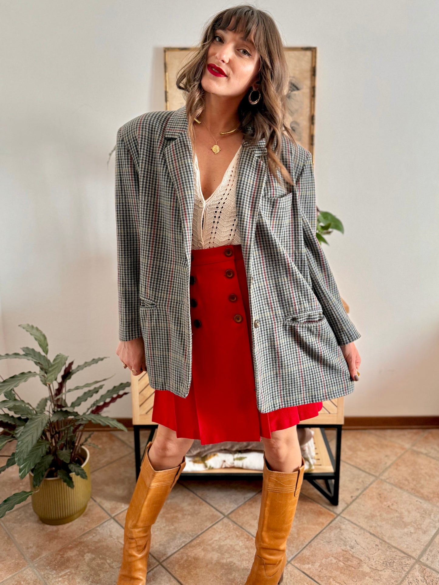 1970's vintage green, red and chocolate brown tweed wool and cashmere blend blazer