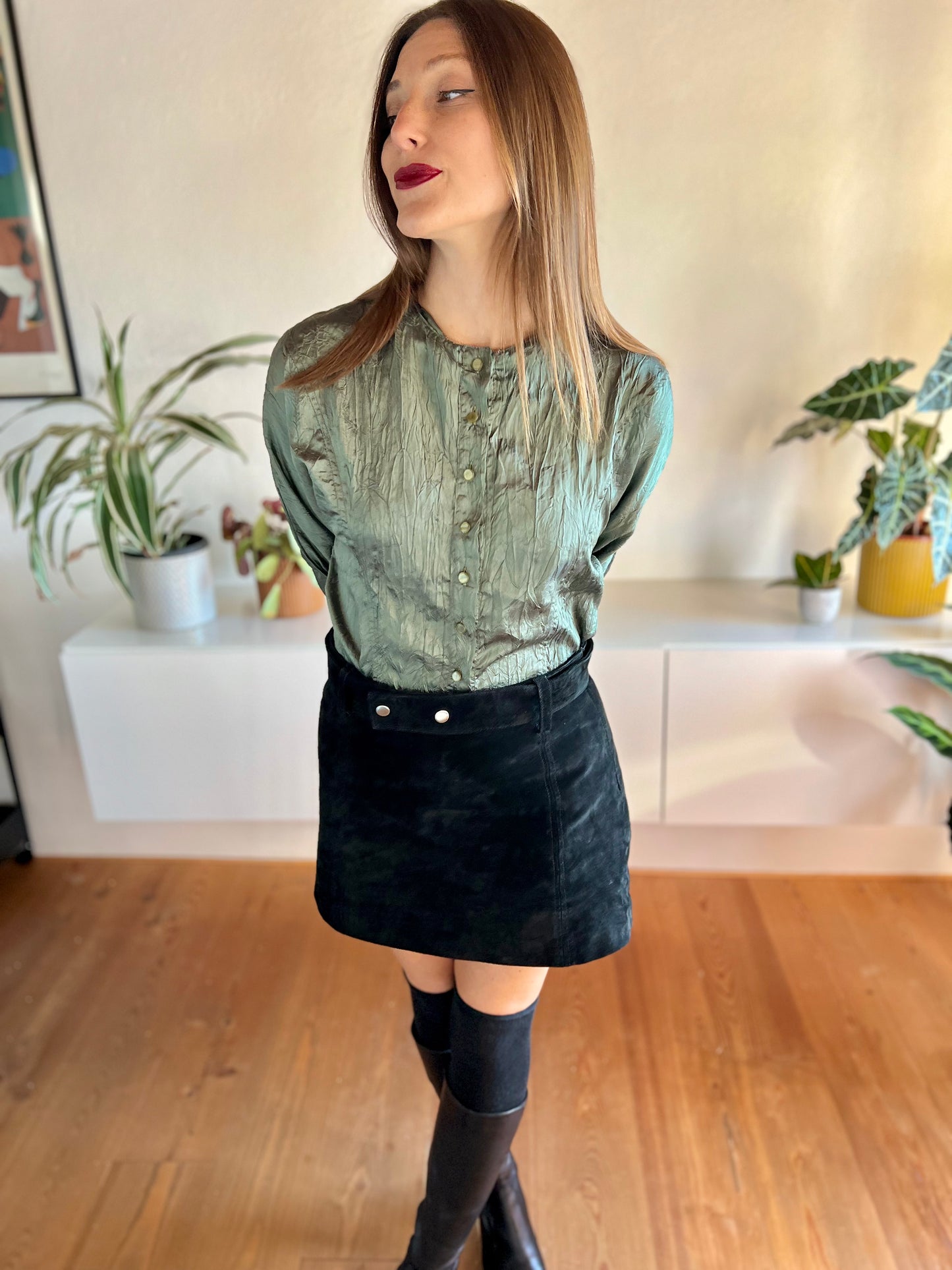 1980's vintage green wrinkle effect iridescent blouse