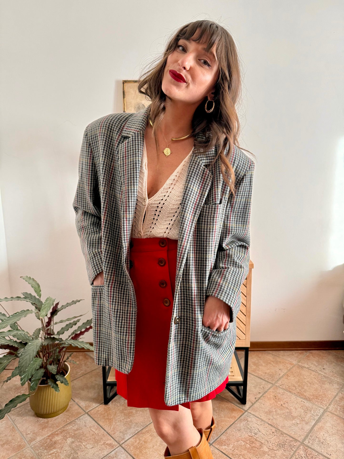 1970's vintage green, red and chocolate brown tweed wool and cashmere blend blazer