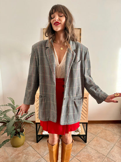 1970's vintage green, red and chocolate brown tweed wool and cashmere blend blazer