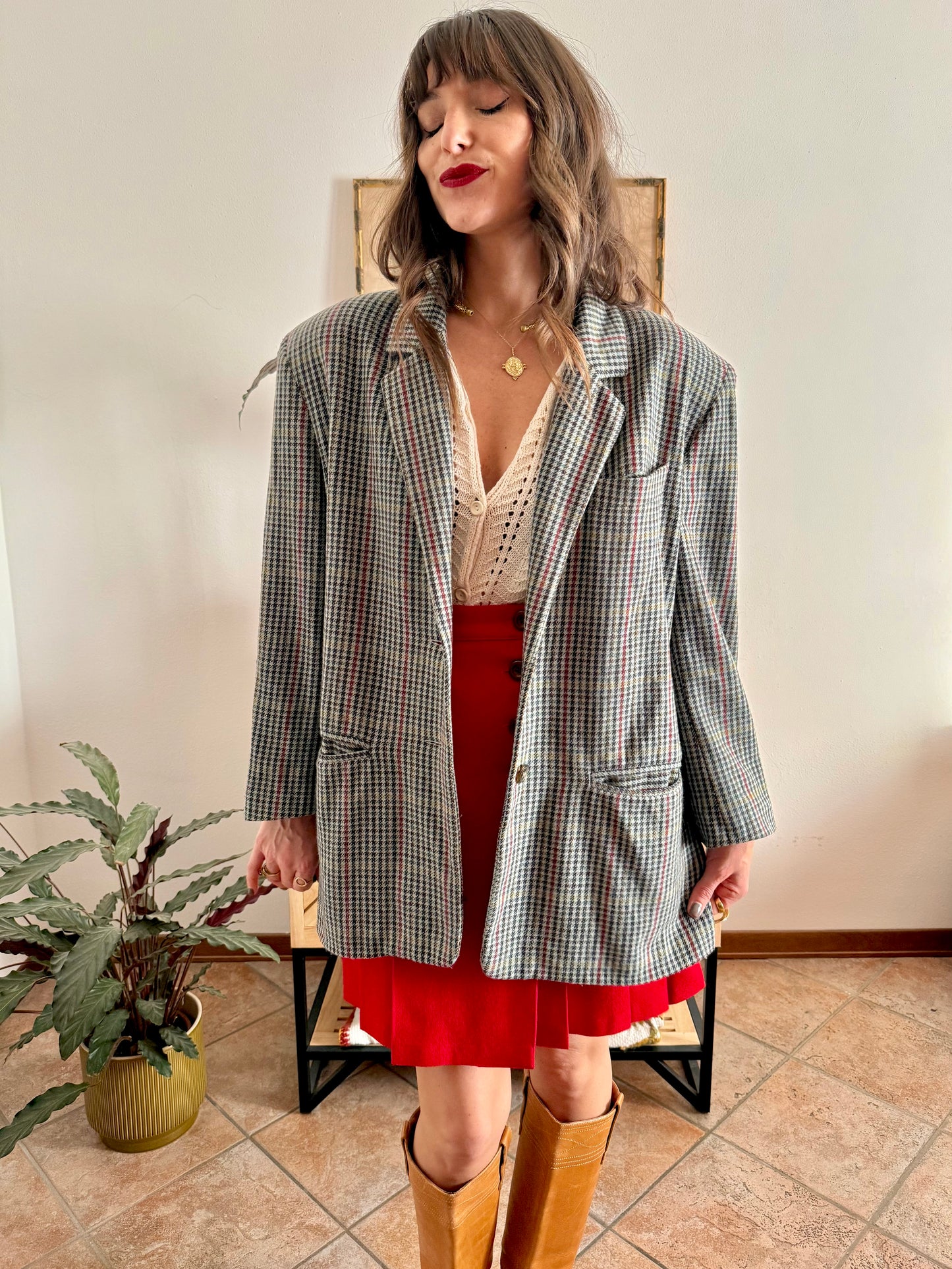 1970's vintage green, red and chocolate brown tweed wool and cashmere blend blazer