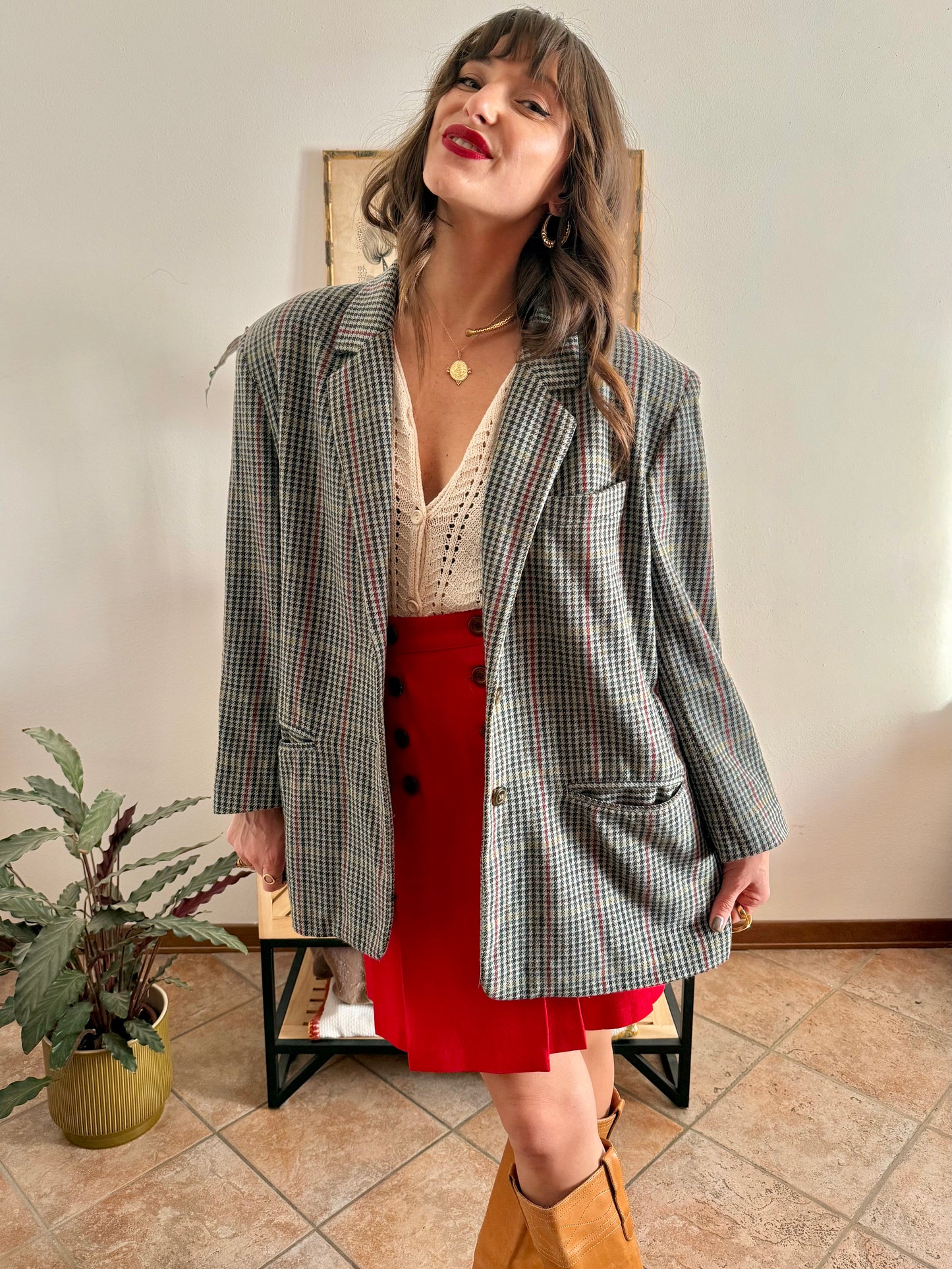 1970's vintage green, red and chocolate brown tweed wool and cashmere blend blazer