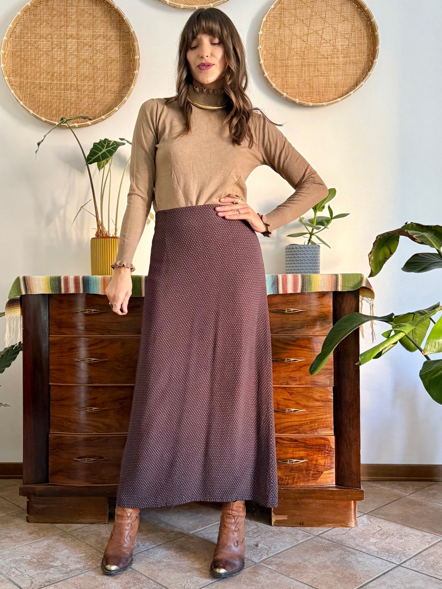 1990's vintage chocolate brown maxi skirt with cream polkadots