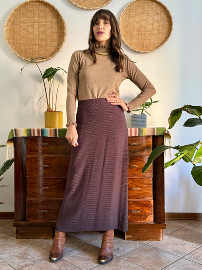 1990's vintage chocolate brown maxi skirt with cream polkadots