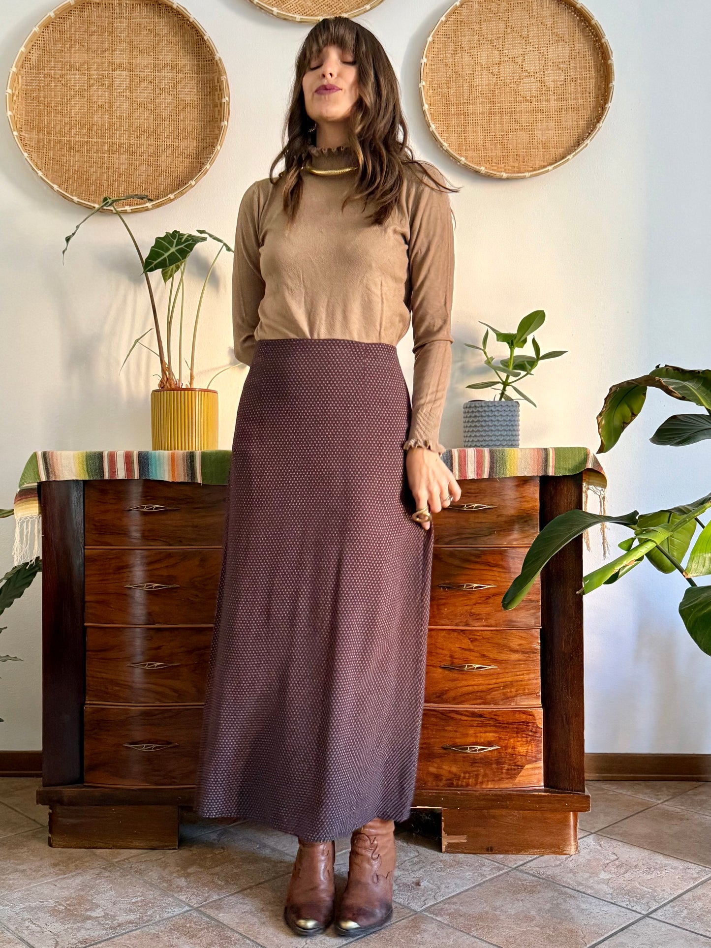 1990's vintage chocolate brown maxi skirt with cream polkadots