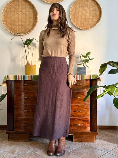 1990's vintage chocolate brown maxi skirt with cream polkadots