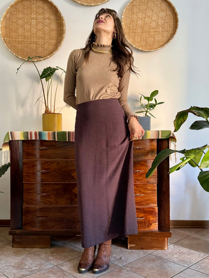 1990's vintage chocolate brown maxi skirt with cream polkadots