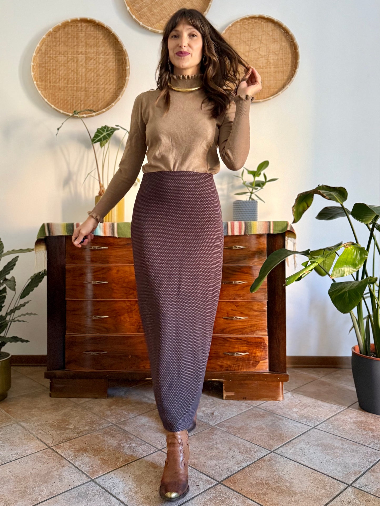 1990's vintage chocolate brown maxi skirt with cream polkadots