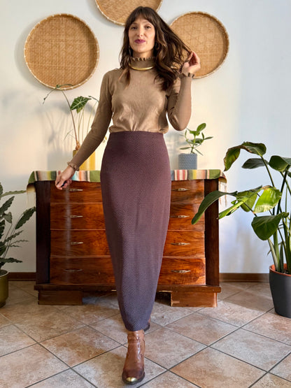 1990's vintage chocolate brown maxi skirt with cream polkadots