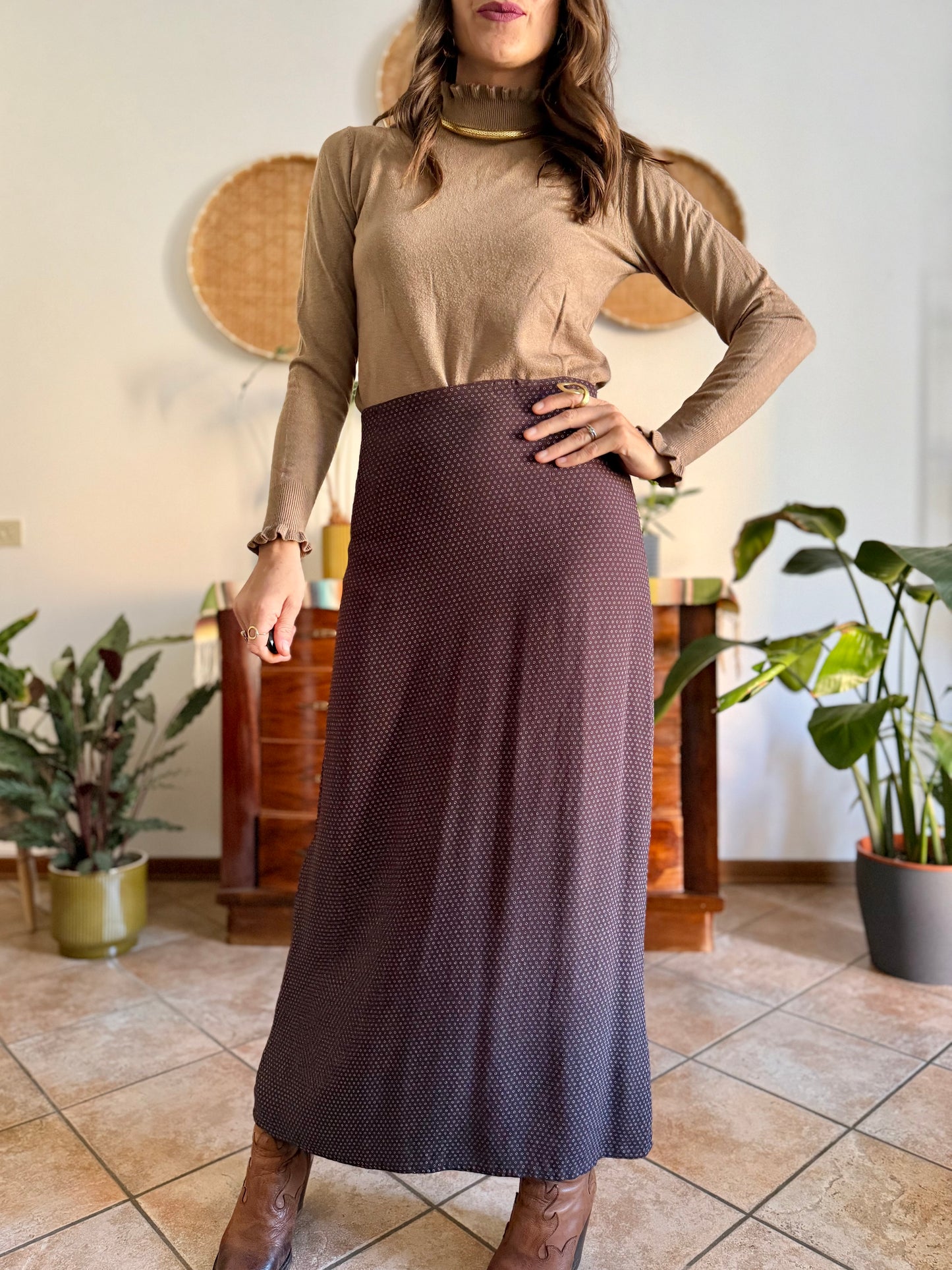1990's vintage chocolate brown maxi skirt with cream polkadots