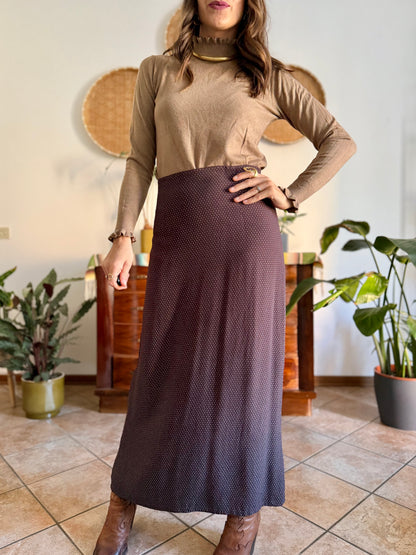1990's vintage chocolate brown maxi skirt with cream polkadots