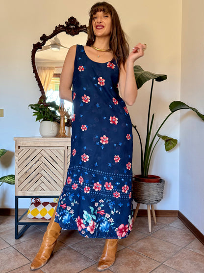 1990's vintage reversible navy blue floral print maxi dress