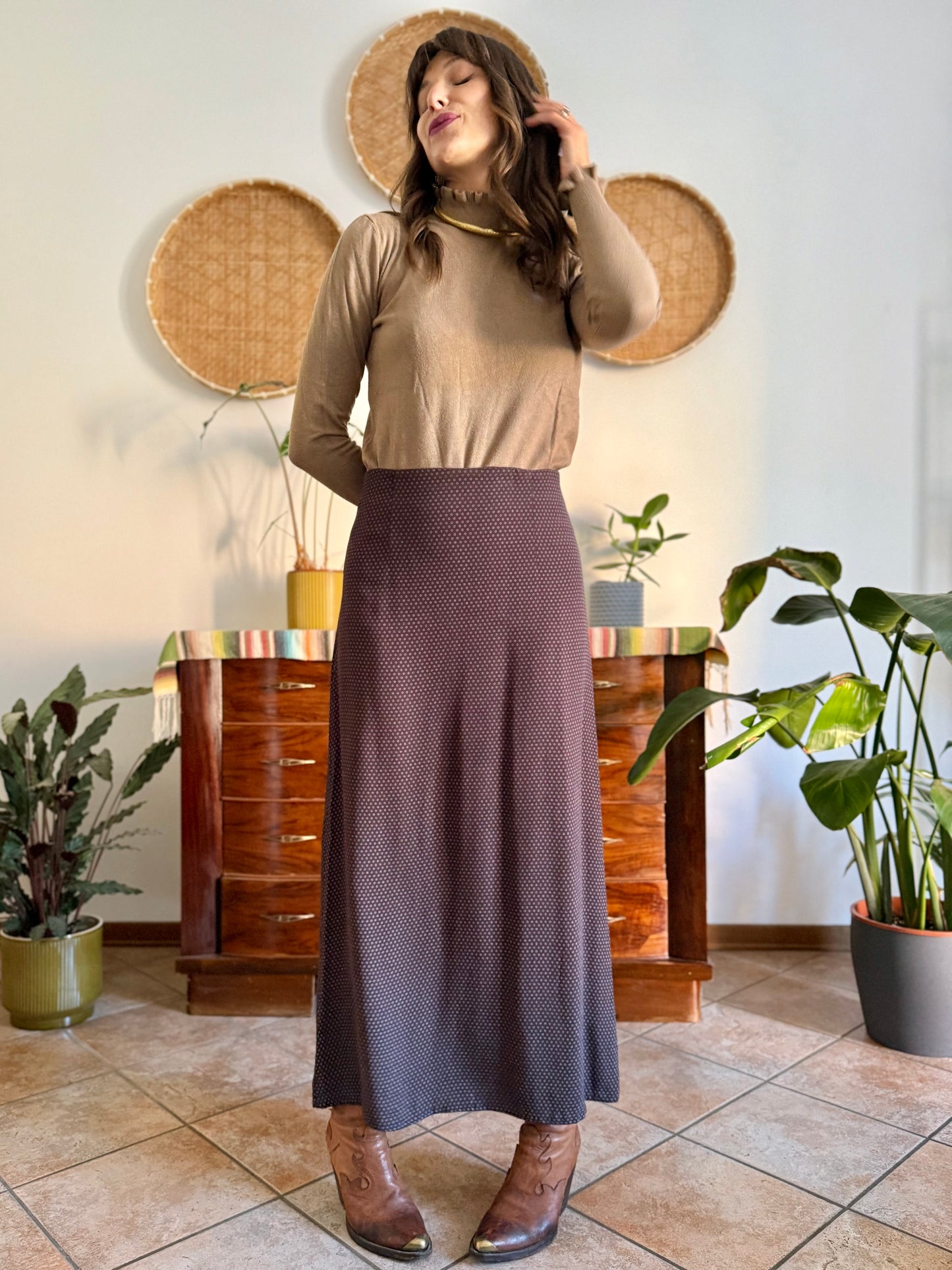 1990's vintage chocolate brown maxi skirt with cream polkadots