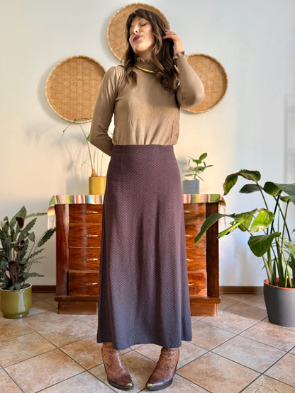 1990's vintage chocolate brown maxi skirt with cream polkadots