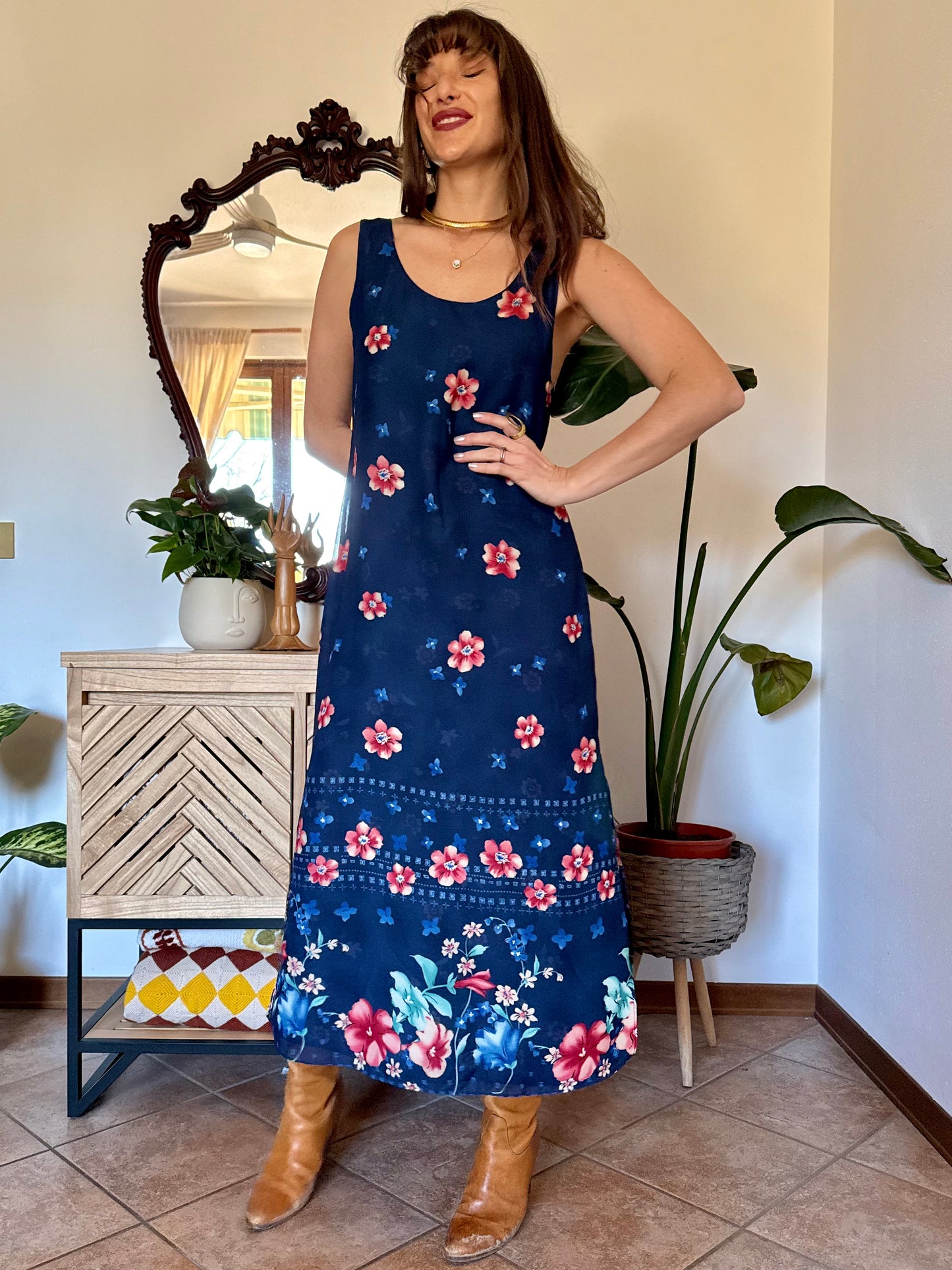 1990's vintage reversible navy blue floral print maxi dress