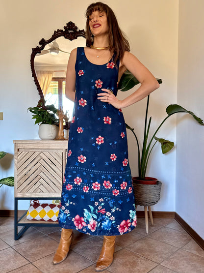 1990's vintage reversible navy blue floral print maxi dress