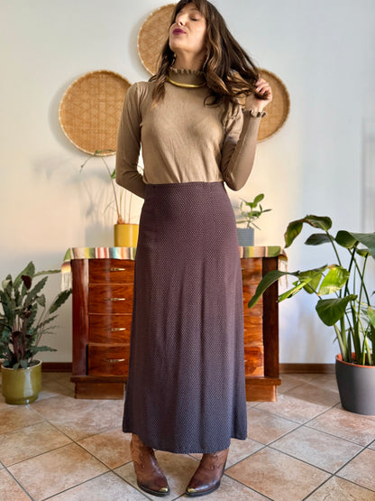 1990's vintage chocolate brown maxi skirt with cream polkadots