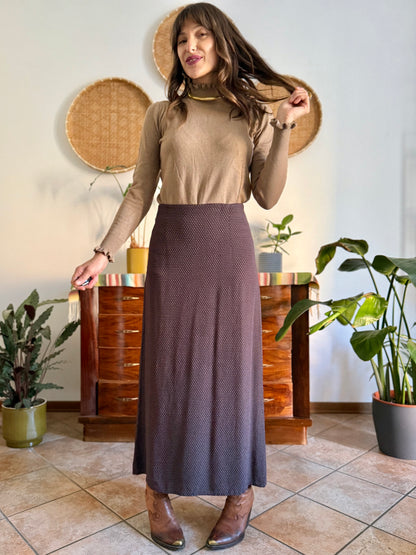 1990's vintage chocolate brown maxi skirt with cream polkadots