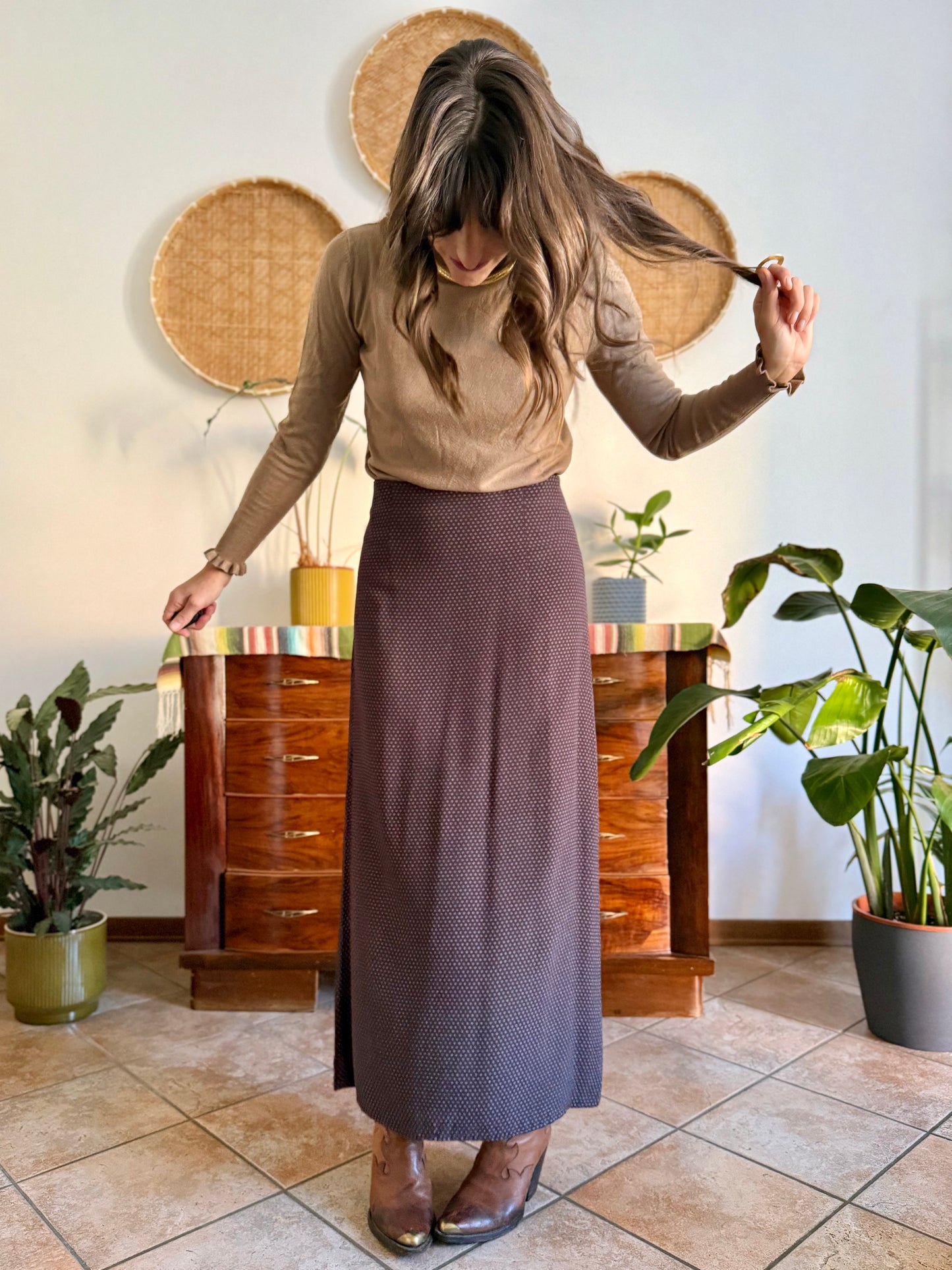 1990's vintage chocolate brown maxi skirt with cream polkadots