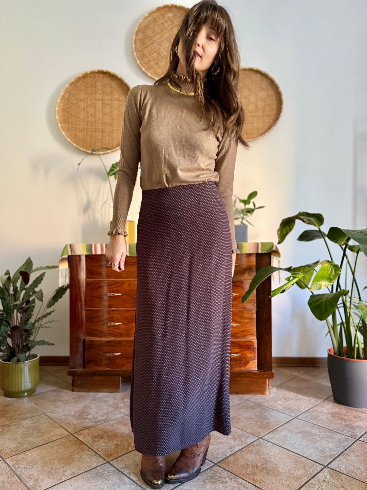1990's vintage chocolate brown maxi skirt with cream polkadots