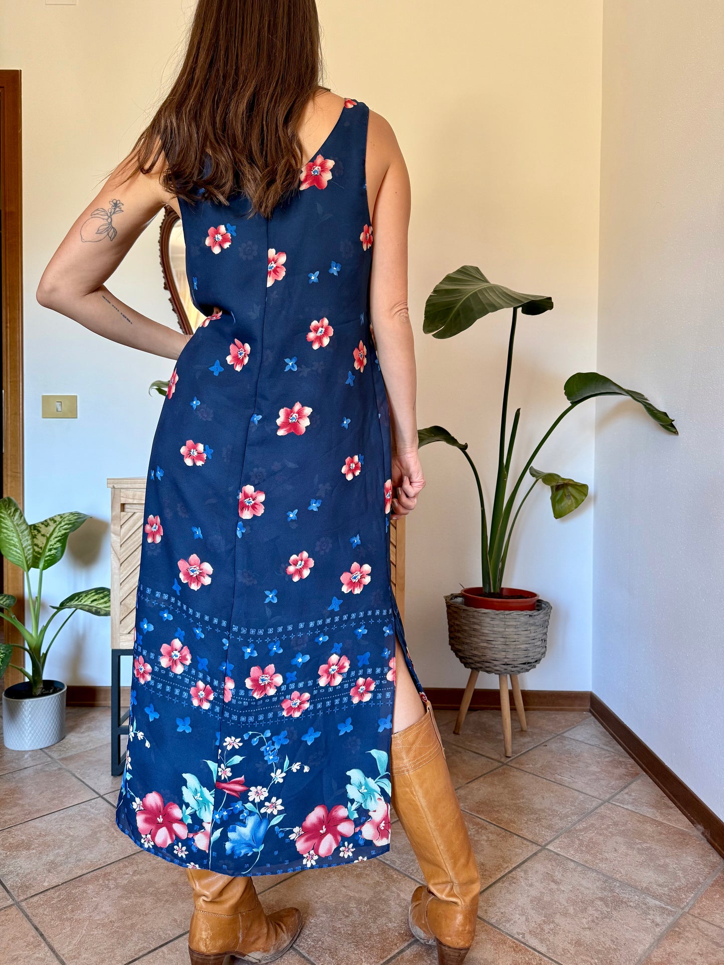 1990's vintage reversible navy blue floral print maxi dress