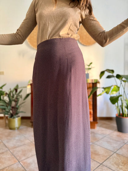 1990's vintage chocolate brown maxi skirt with cream polkadots