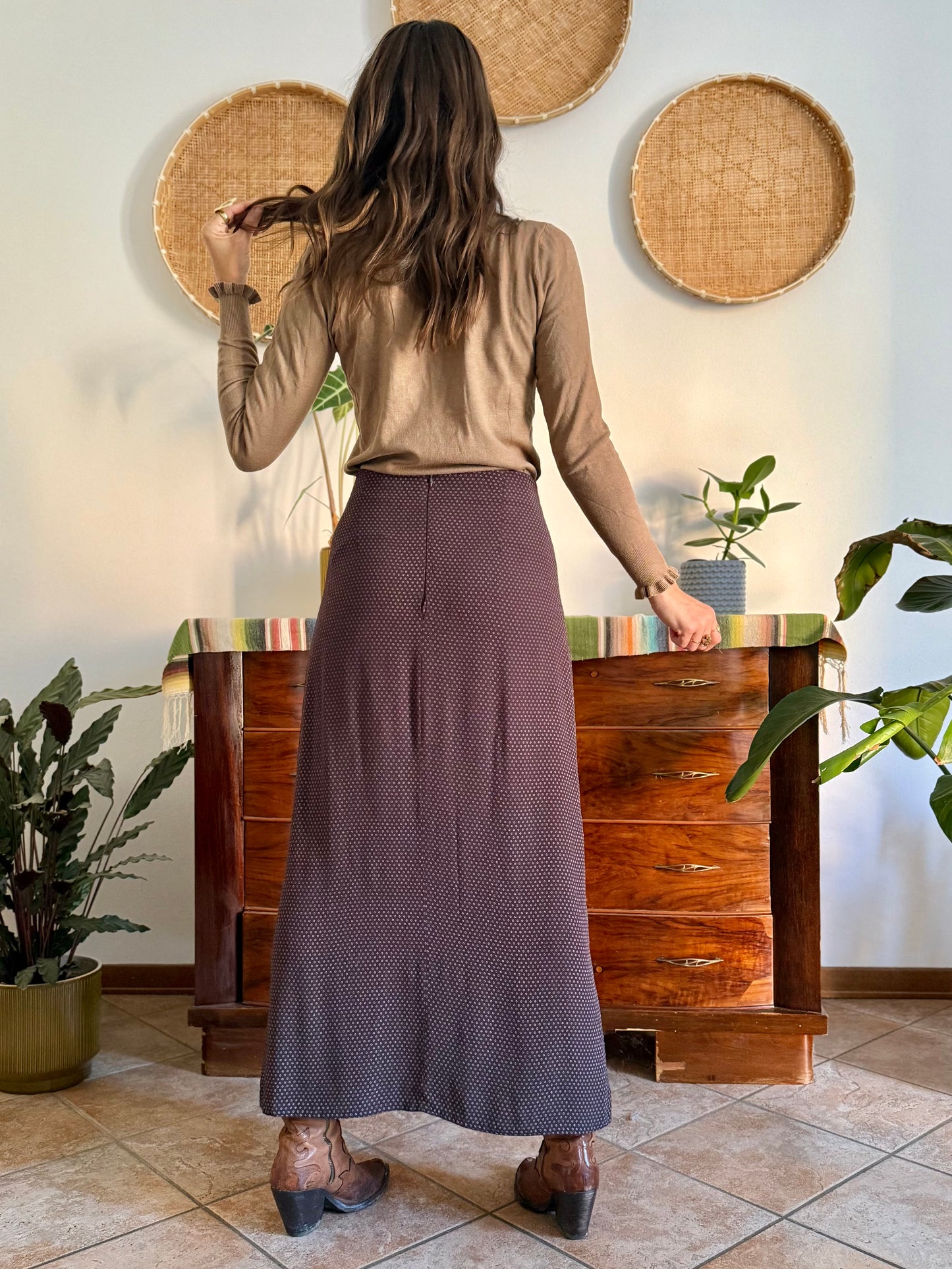 1990's vintage chocolate brown maxi skirt with cream polkadots