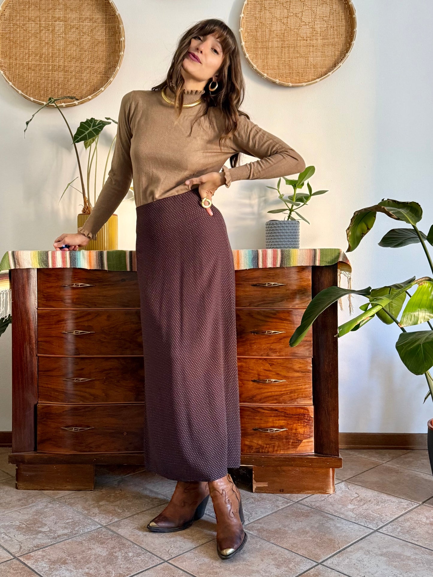 1990's vintage chocolate brown maxi skirt with cream polkadots