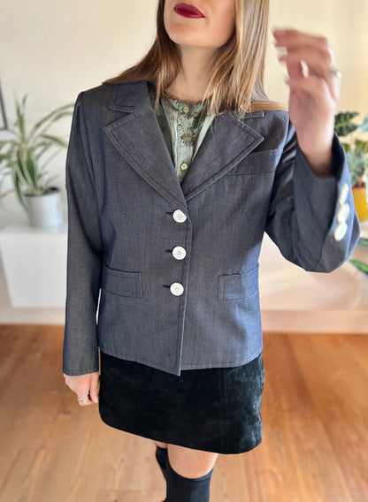 1970's vintage navy blue blazer with oversize mother of pearl buttons