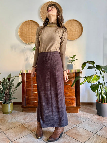1990's vintage chocolate brown maxi skirt with cream polkadots