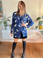 1970's vintage royal blue silk blouse with feather print