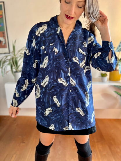 1970's vintage royal blue silk blouse with feather print