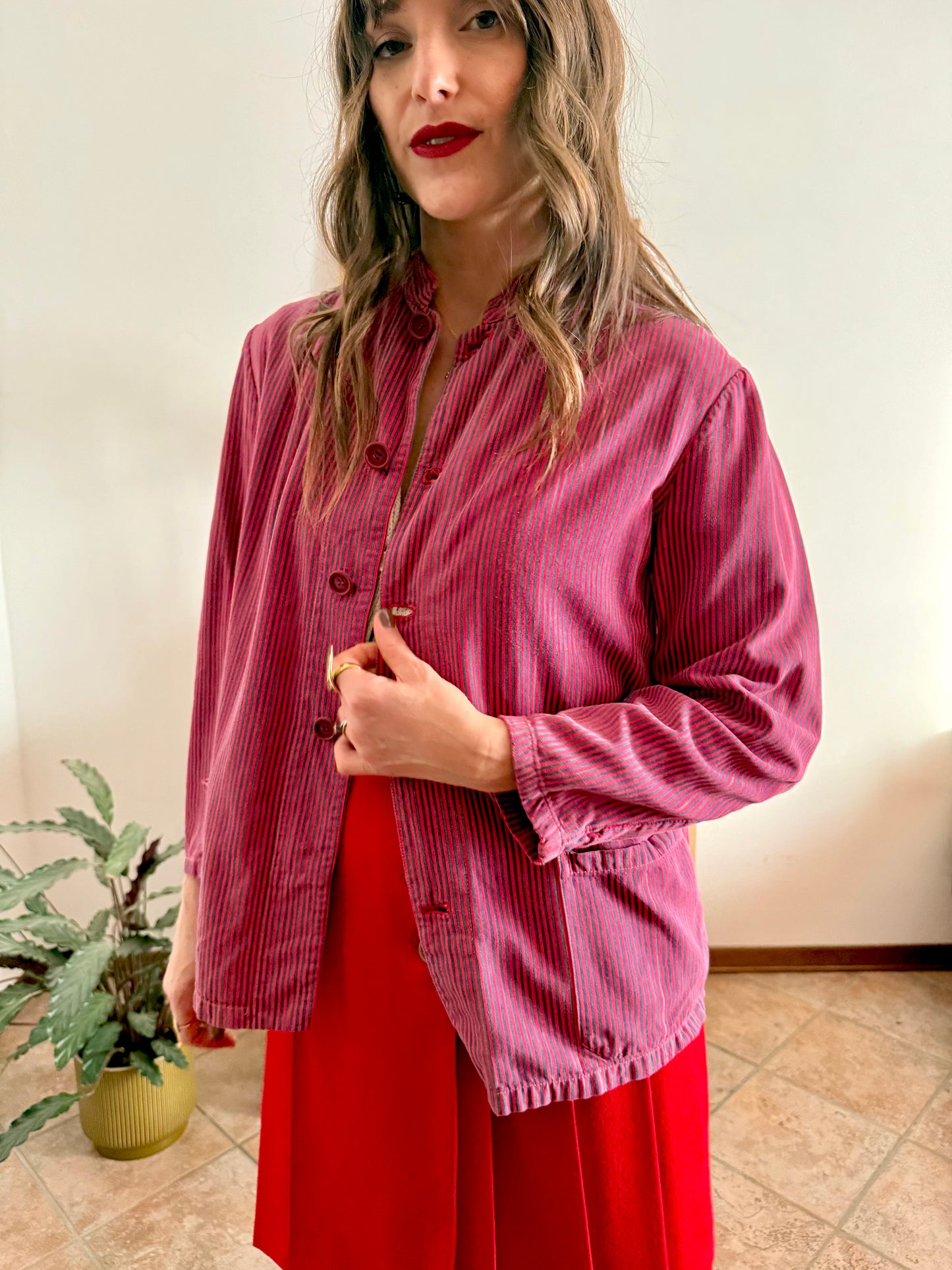 1970's vintage blue and red stripe work shirt