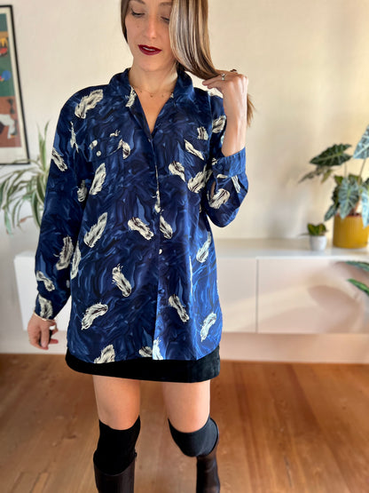 1970's vintage royal blue silk blouse with feather print