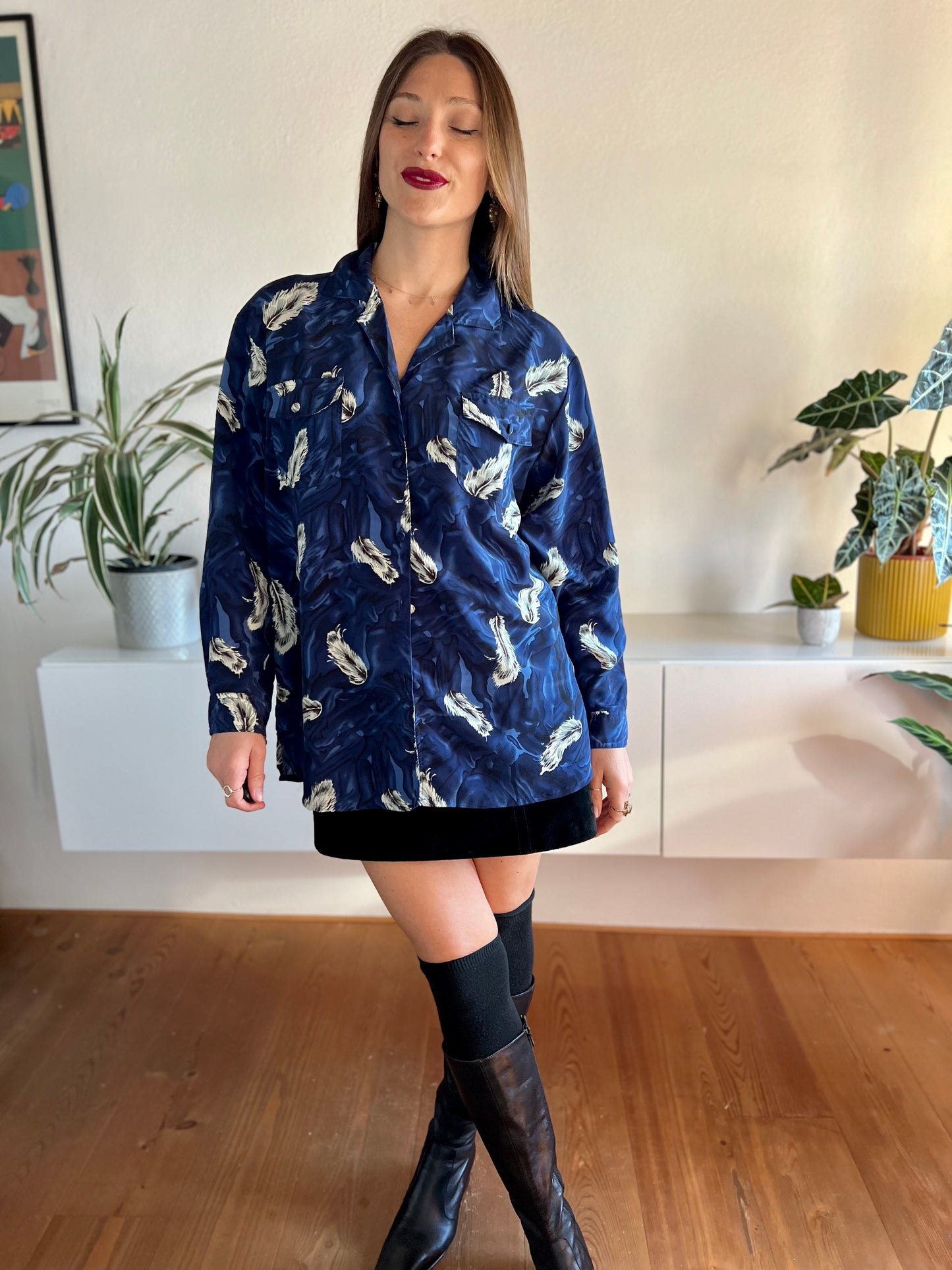 1970's vintage royal blue silk blouse with feather print