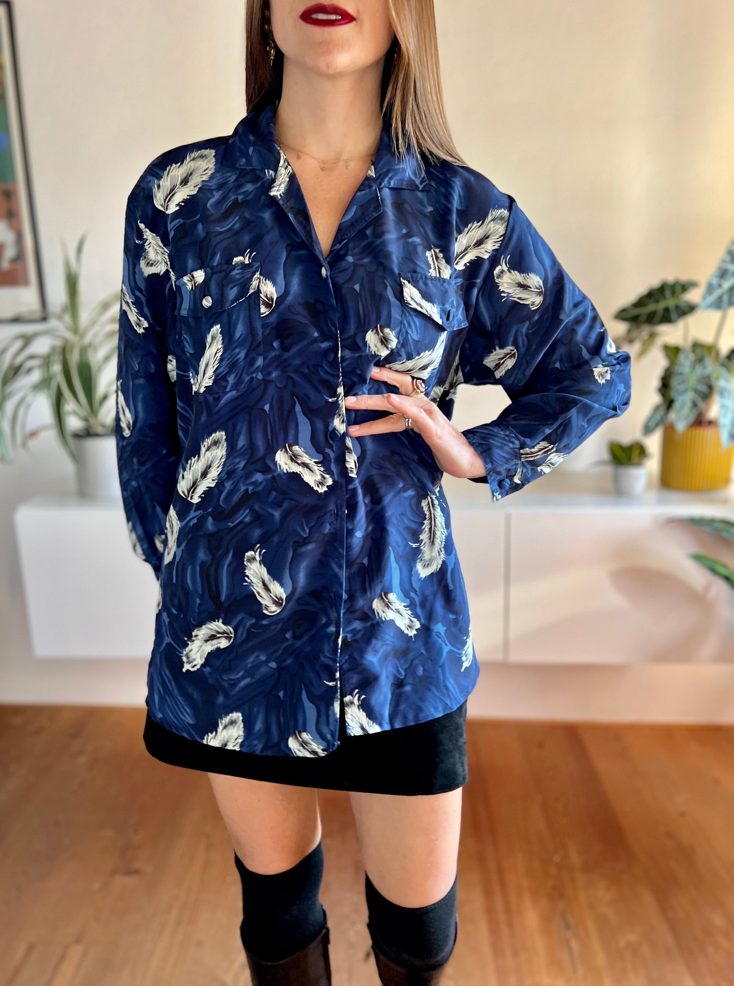 1970's vintage royal blue silk blouse with feather print