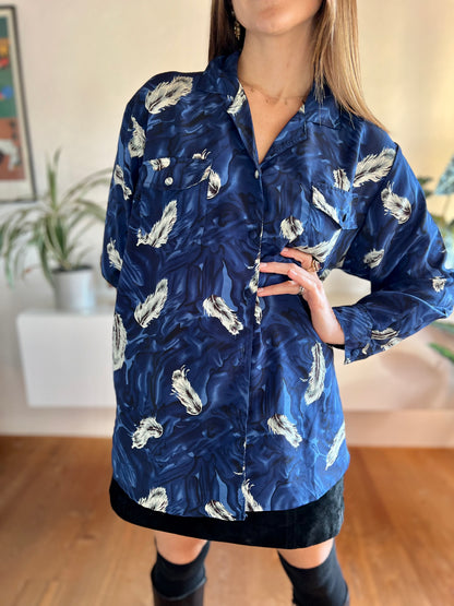 1970's vintage royal blue silk blouse with feather print